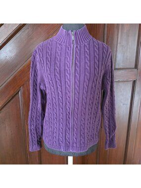 L.L. Bean Purple Cable Knit Cotton Zip-Up Sweater Womens M Ribbed Collar